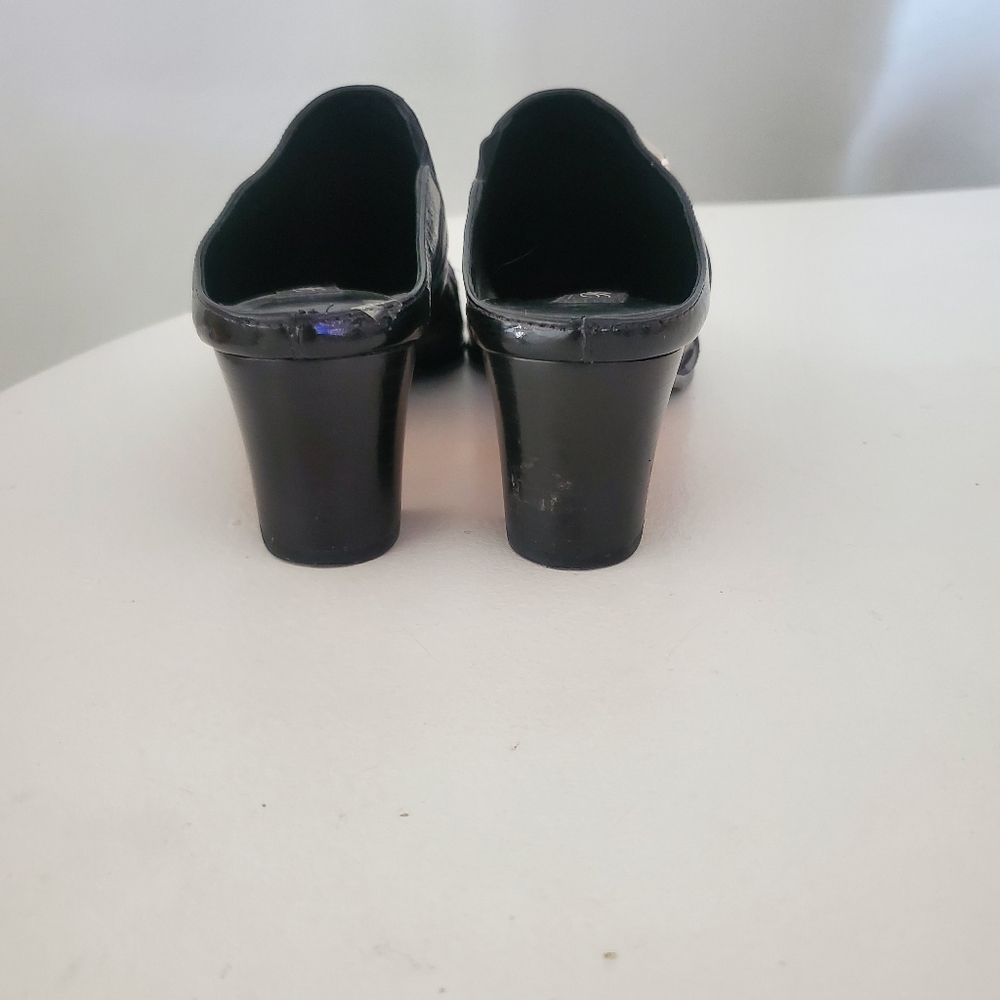 Brighton Tile black leather embroidered floral slip-on heeled mules $225 8M - Picture 4 of 5
